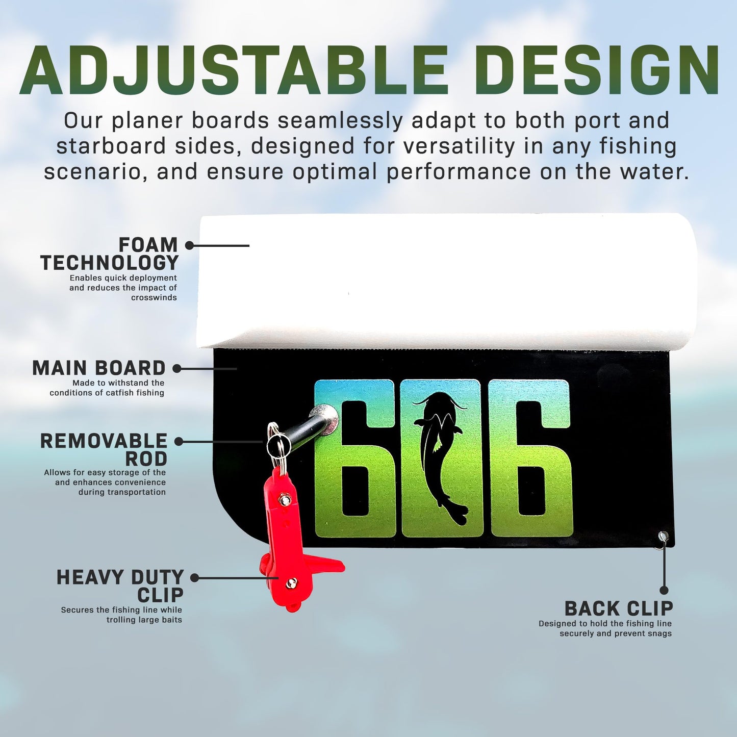 606 Sportsman Supply Heavy Duty Catfish Planer Boards - Durable Planer Boards Made Of Aluminum Oxide - Suitable For Port/Starboard Side and Boat/Bank Fisherman - Removable Rod For Easy Storage